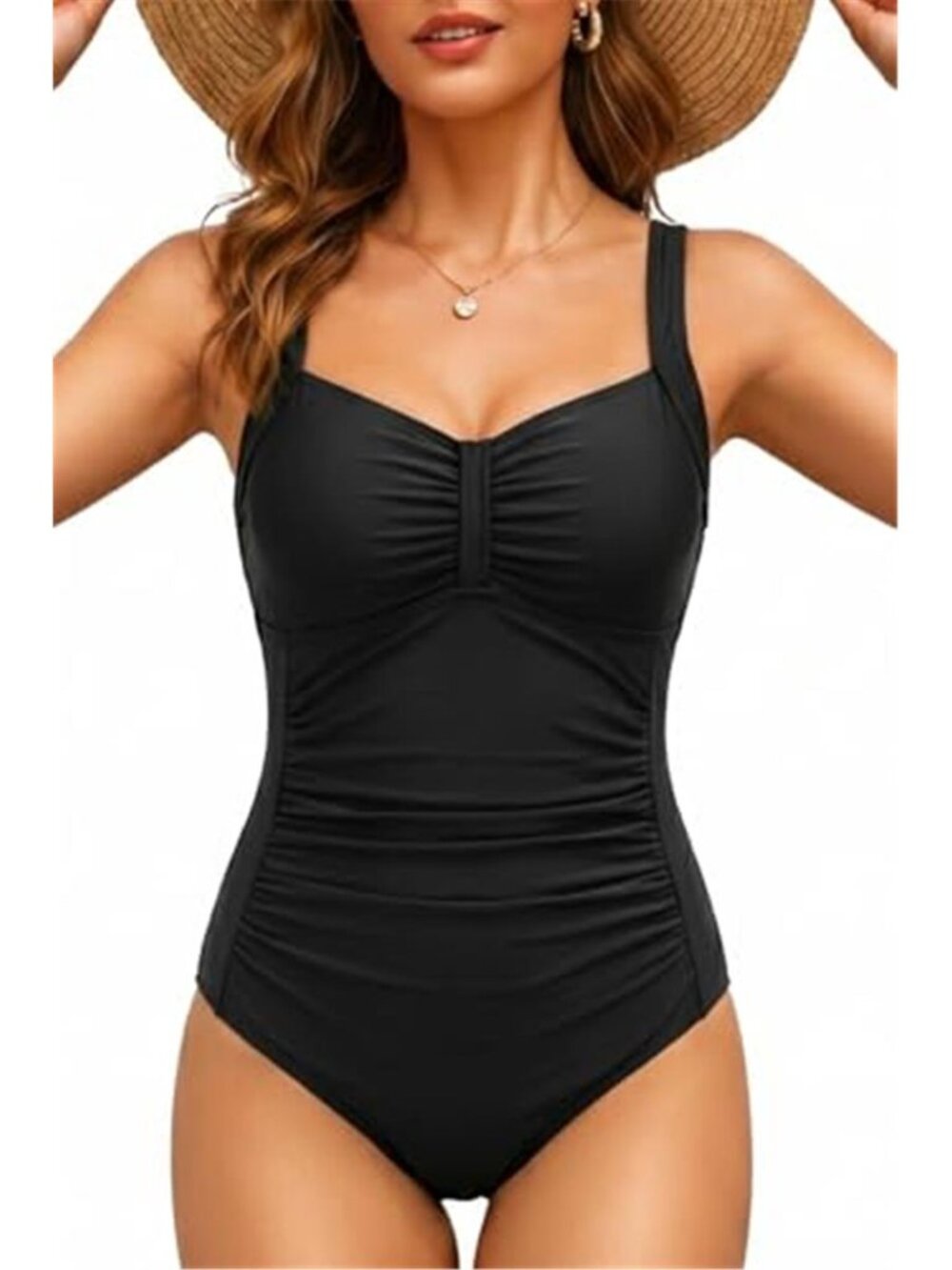 Black Tummy Control One Piece Swimsuit Ruched Push Up High Cut Bathing